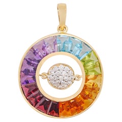 18K Yellow Gold Taper Cut Rainbow Gemstones Dancing Diamond Pendant Necklace