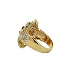 18K Yellow Gold Tapered Baguette Cut Ruby & Diamond Wrapped Ribbon Cocktail Ring