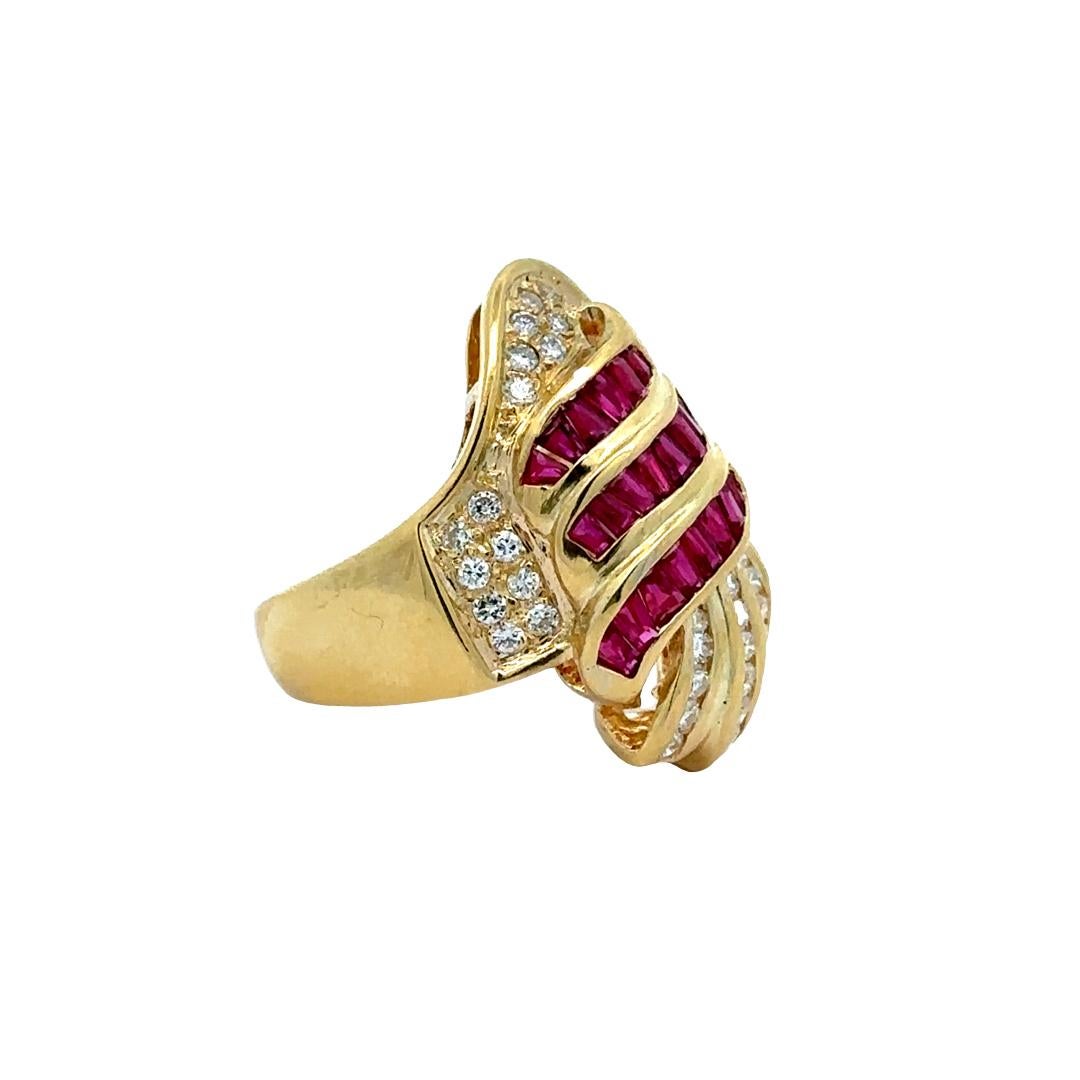18K Yellow Gold Tapered Baguette Cut Ruby & Diamond Wrapped Ribbon Cocktail Ring In Excellent Condition For Sale In Montclair, NJ
