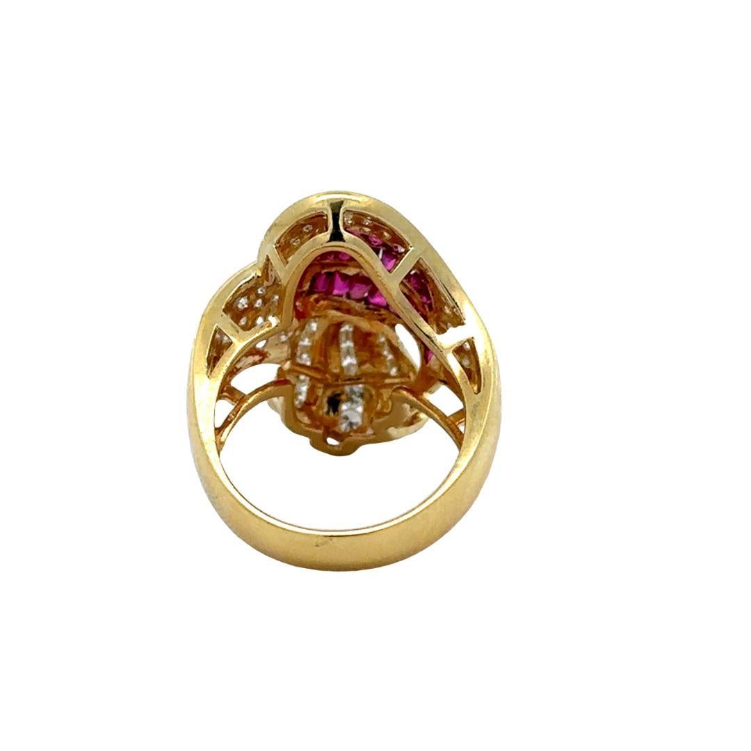 Women's or Men's 18K Yellow Gold Tapered Baguette Cut Ruby & Diamond Wrapped Ribbon Cocktail Ring For Sale