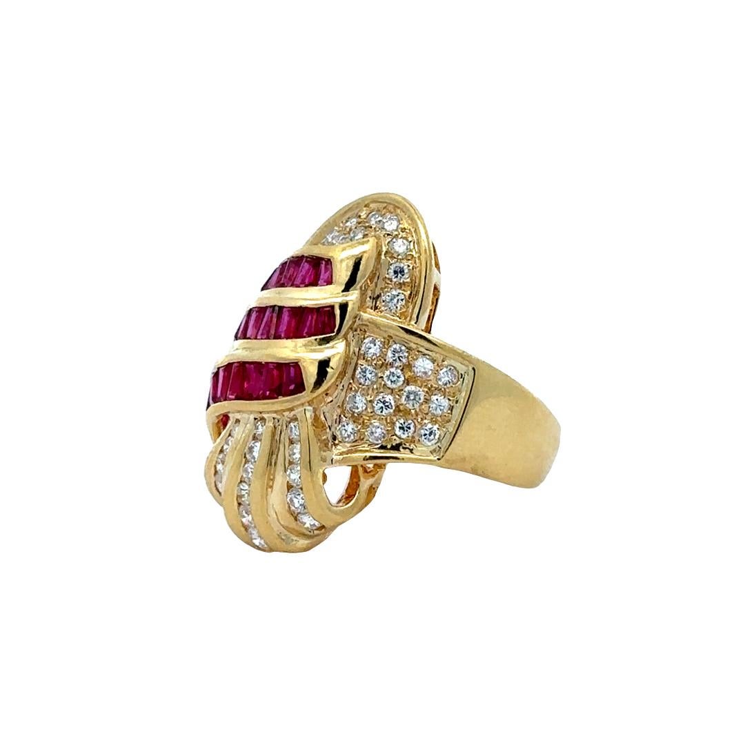 18K Yellow Gold Tapered Baguette Cut Ruby & Diamond Wrapped Ribbon Cocktail Ring For Sale 1