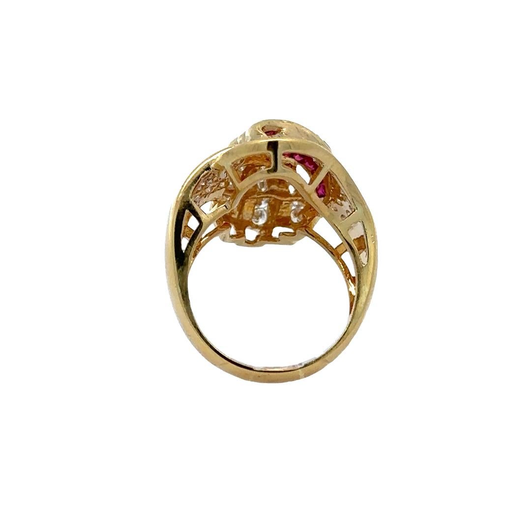 18K Yellow Gold Tapered Baguette Cut Ruby & Diamond Wrapped Ribbon Cocktail Ring For Sale 2