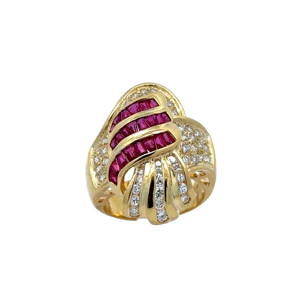18K Yellow Gold Tapered Baguette Cut Ruby & Diamond Wrapped Ribbon Cocktail Ring For Sale 3