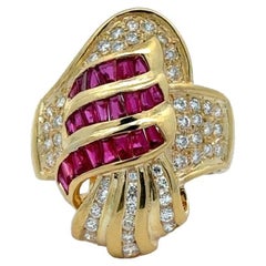 18K Yellow Gold Tapered Baguette Cut Ruby & Diamond Wrapped Ribbon Cocktail Ring