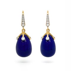 18K Yellow Gold Teardrop Lapis Lazuli and Diamond Lever Back Earrings