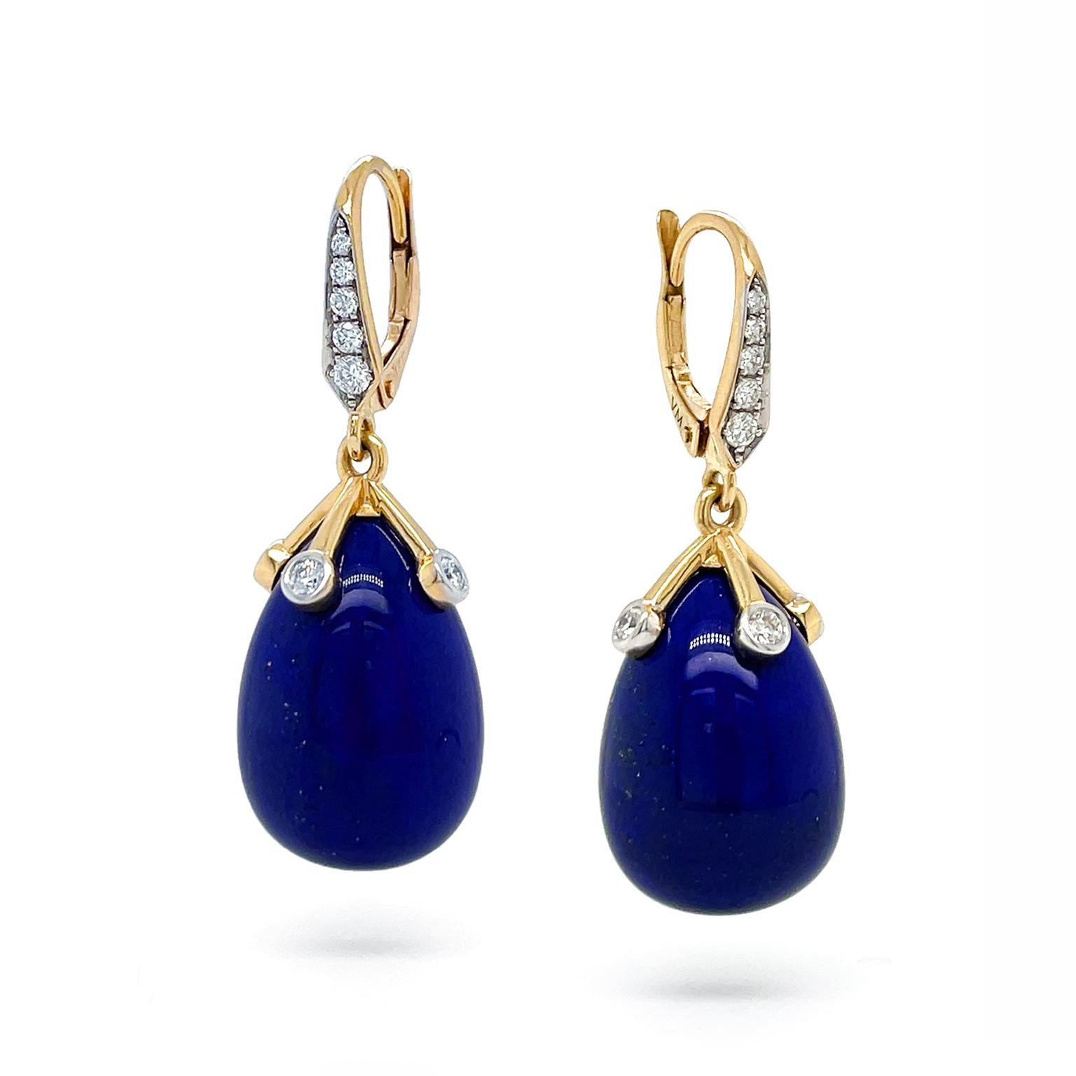 18K Yellow Gold Teardrop Lapis Lazuli and Diamond Lever Back Earrings In New Condition In New York, NY