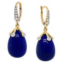 18K Yellow Gold Teardrop Lapis Lazuli and Diamond Lever Back Earrings
