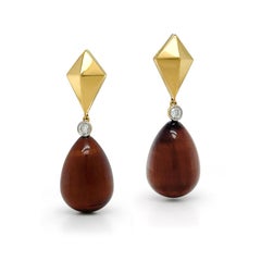 18K Yellow Gold Teardrop Tiger Eye and Diamond Drop Earrings