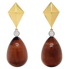 Pendientes gota lágrima de oro amarillo de 18 quilates ojo de tigre y diamantes