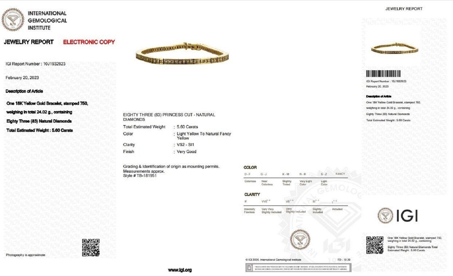 18 Karat Gelbgold Tennisarmband mit 5,6 Karat natürlichen Diamanten IGI-Zertifikat (Carréschliff)