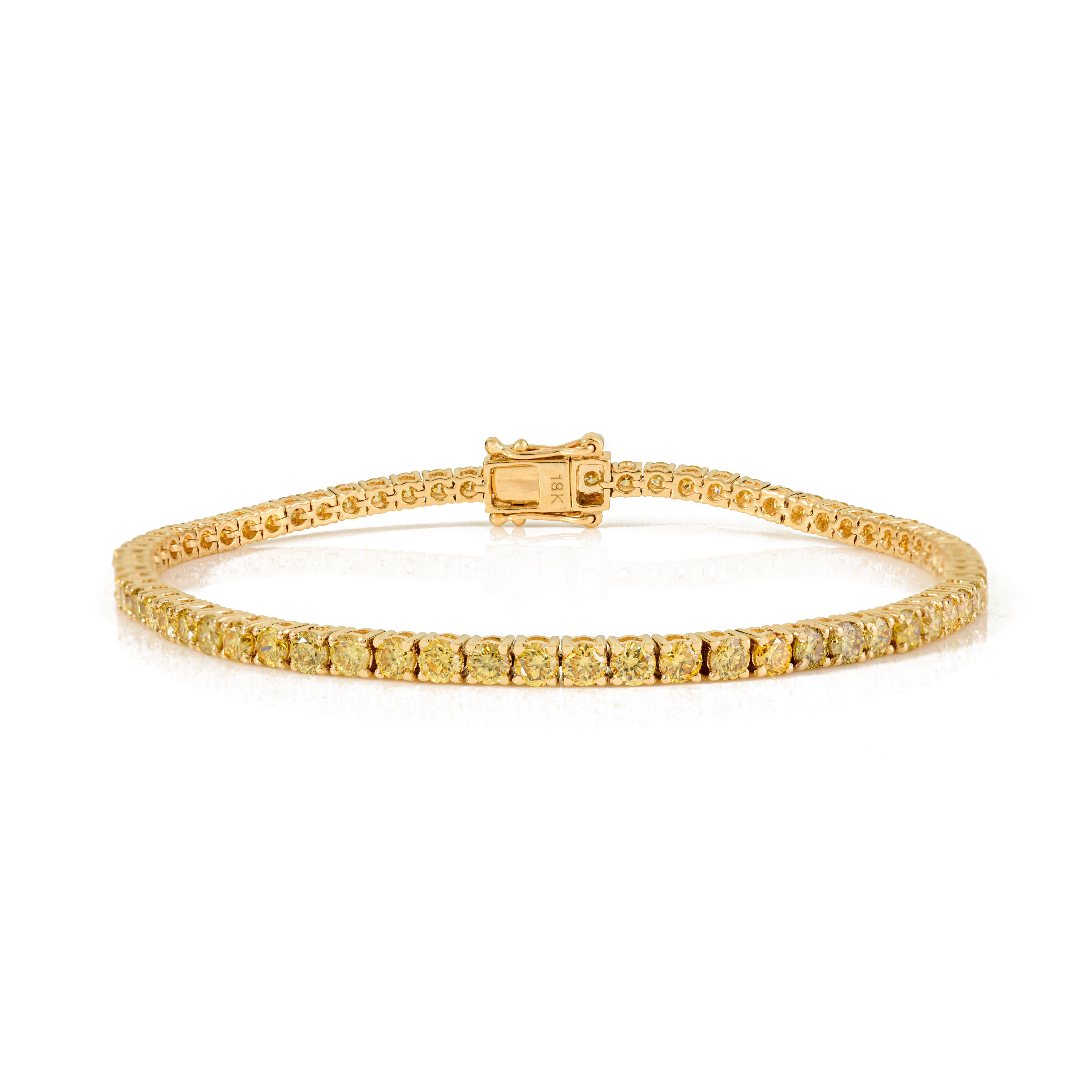 Bracciale da tennis in oro giallo 18k con diamanti gialli rotondi taglio brillante da 3,84 carati in vendita 1