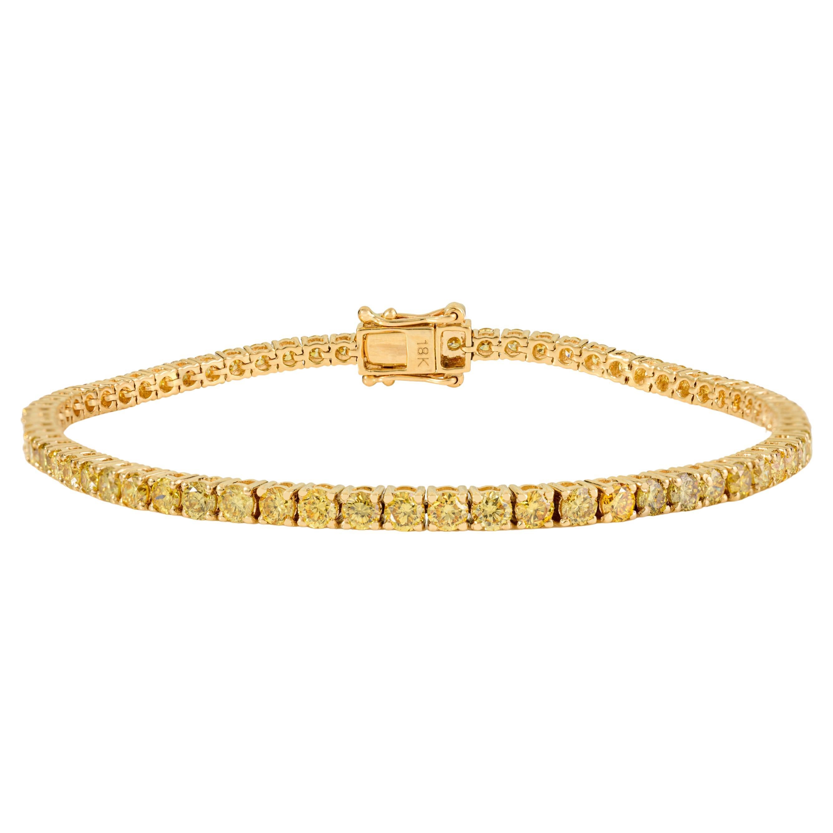 Bracciale da tennis in oro giallo 18k con diamanti gialli rotondi taglio brillante da 3,84 carati in vendita