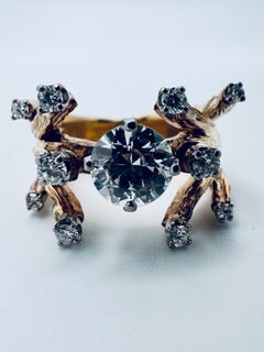 18K Yellow Gold Textured Bark Ring with Platinum Diamond Accents