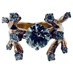18K Yellow Gold Textured Bark Ring with Platinum Diamond Accents
