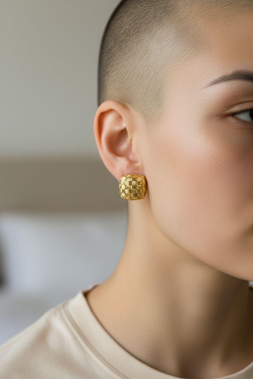 18K Yellow Gold Textured Basket Weave Button Earrings #24009 in vendita 3