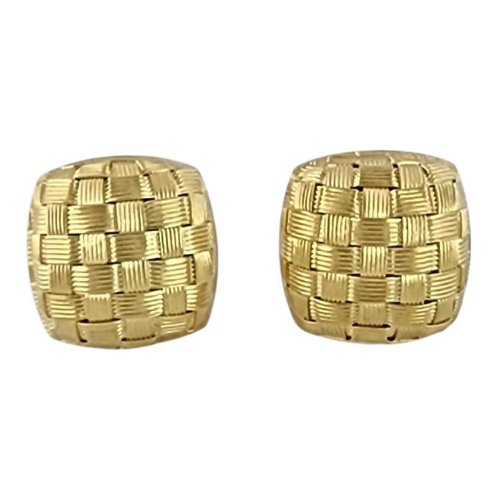 18K Yellow Gold Textured Basket Weave Button Earrings #24009