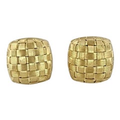 18K Yellow Gold Textured Basket Weave Button Earrings #24009