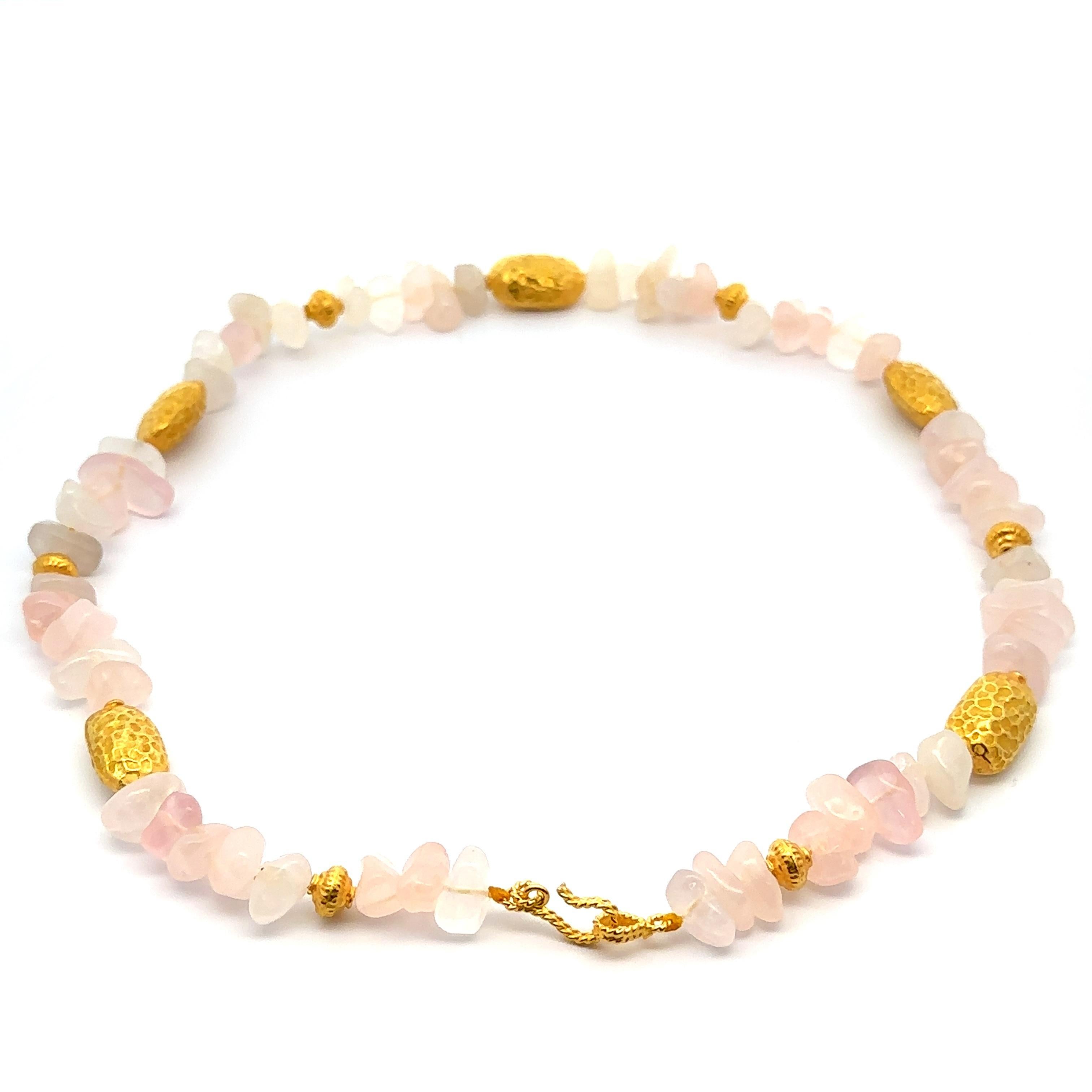 Women's 18k Yellow Gold Textured Bead Station Tumbled Rose Quartz Strand Necklace For Sale