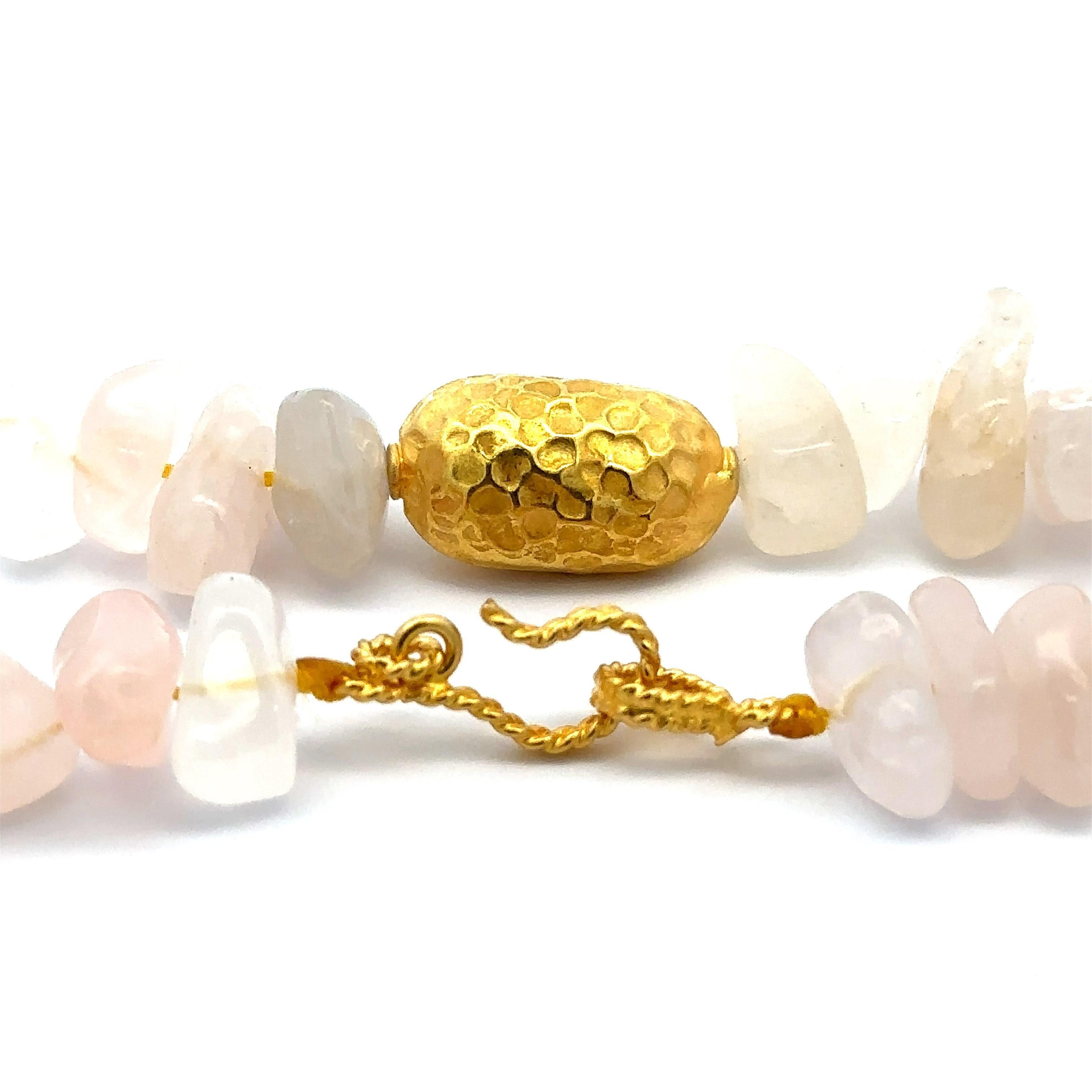 18k Yellow Gold Textured Bead Station Tumbled Rose Quartz Strand Necklace For Sale 1
