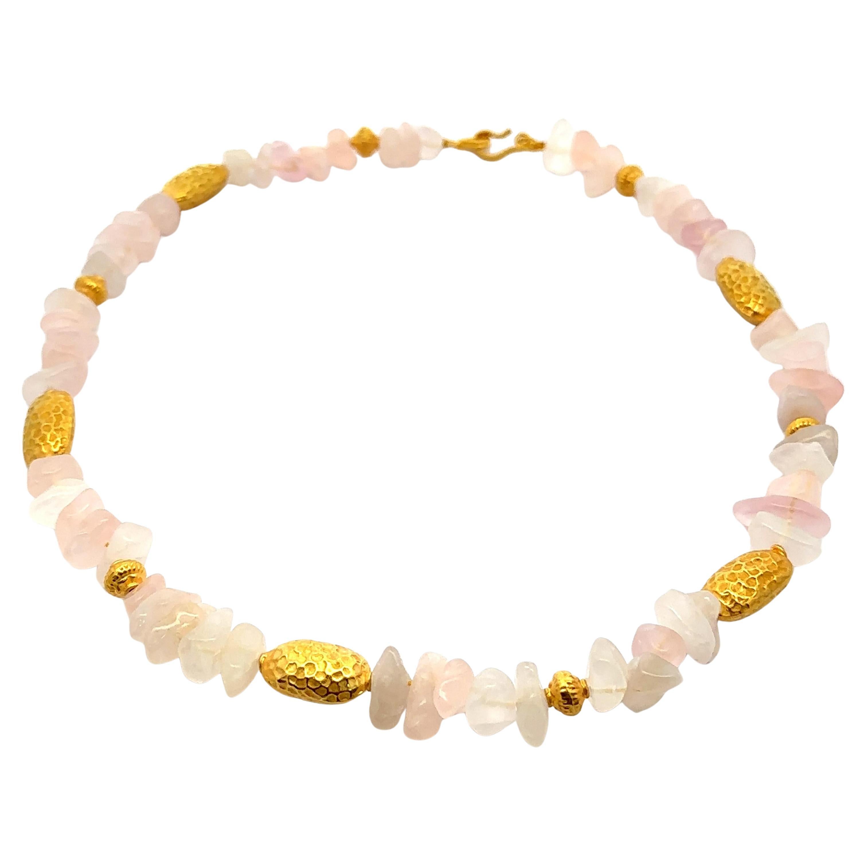 18k Yellow Gold Textured Bead Station Tumbled Rose Quartz Strand Necklace