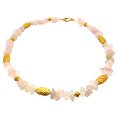 18k Yellow Gold Textured Bead Station Tumbled Rose Quartz Strand Necklace