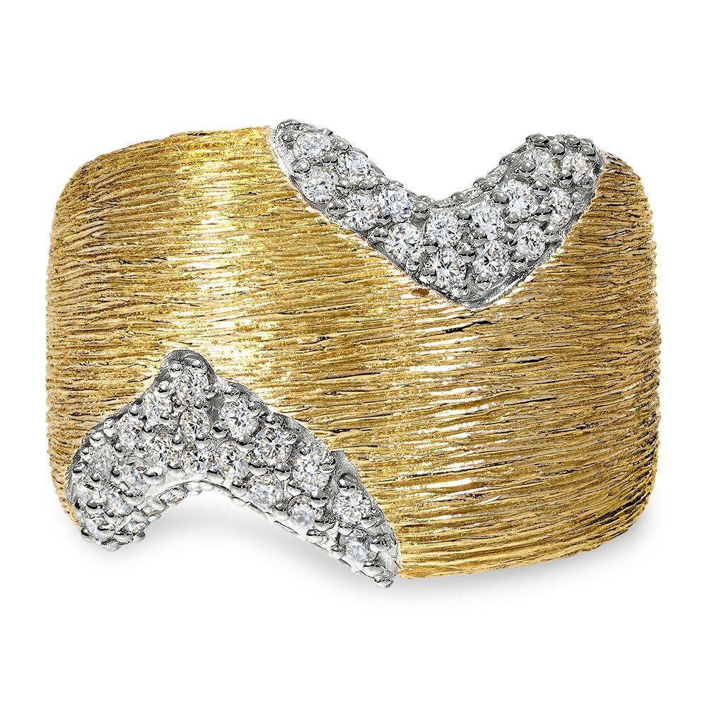 This striking ring is hand textured to perfection, featuring 17.26grams of gold and 0.51cts of round brilliant cut diamonds. It's unique in it's finish and can be worn everyday to complement any outfit.