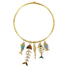 18K Yellow Gold Textured Collar Necklace Fish Charms Pendants Elana Hadjidakis
