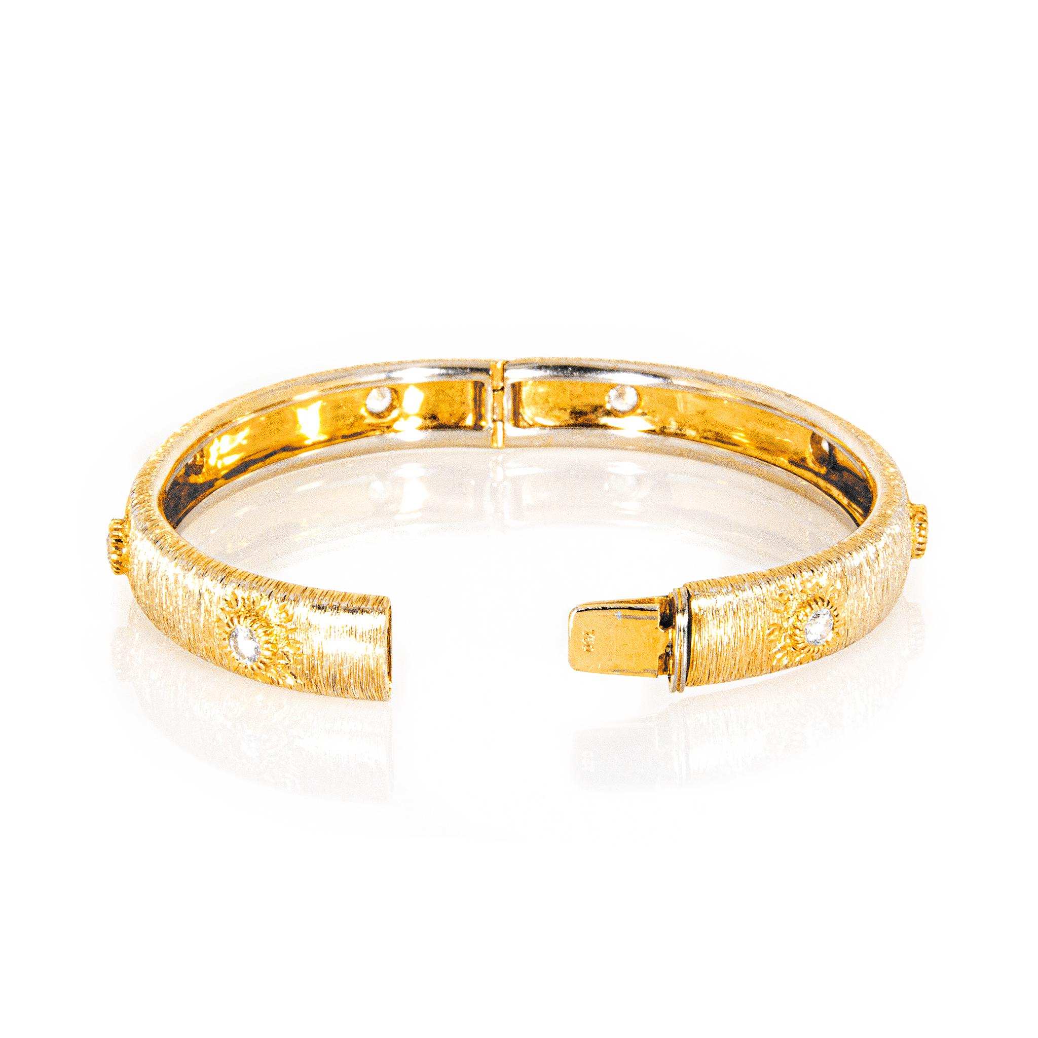Women's 18 Karat Yellow Gold Textured Diamond Bangle Bracelet