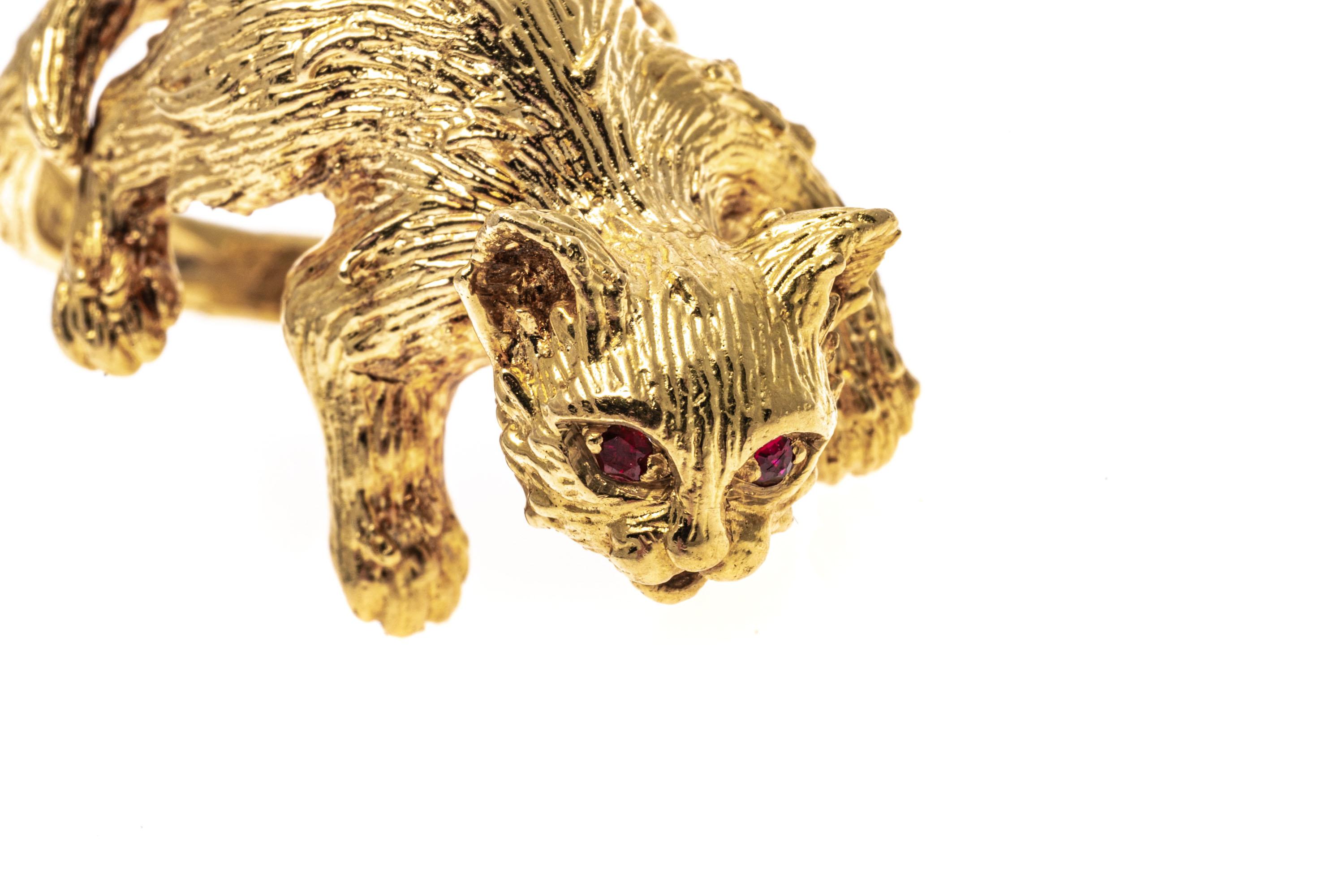 18k Yellow Gold Textured Figural Kitten Ring For Sale 1