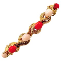 18K Yellow Gold Textured Link Orange Coral and Angel Skin Coral Casual Bracelet