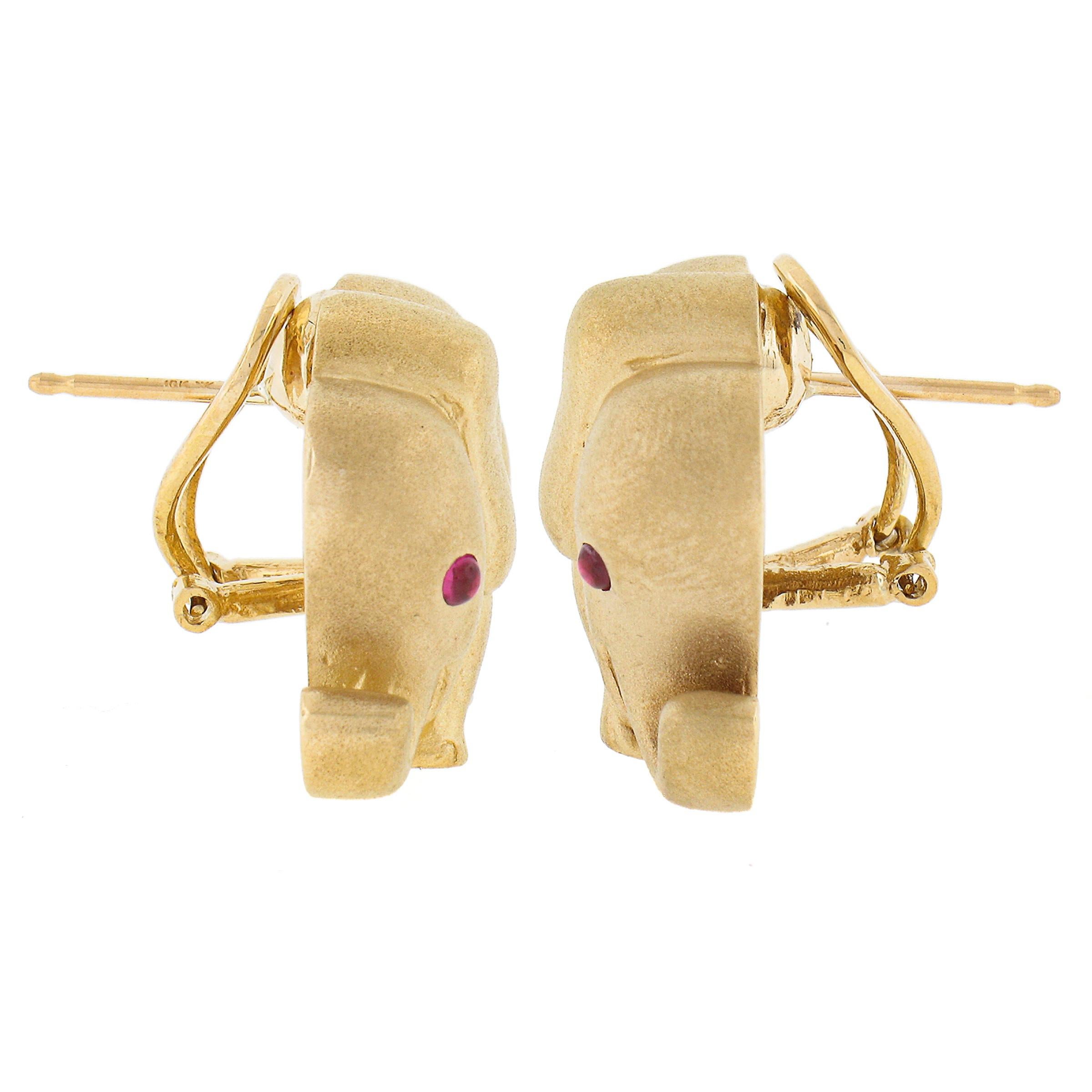 Round Cut 18k Yellow Gold Textured Matte Finish 3D Elephant w/ Ruby Eyes Omega Earrings For Sale