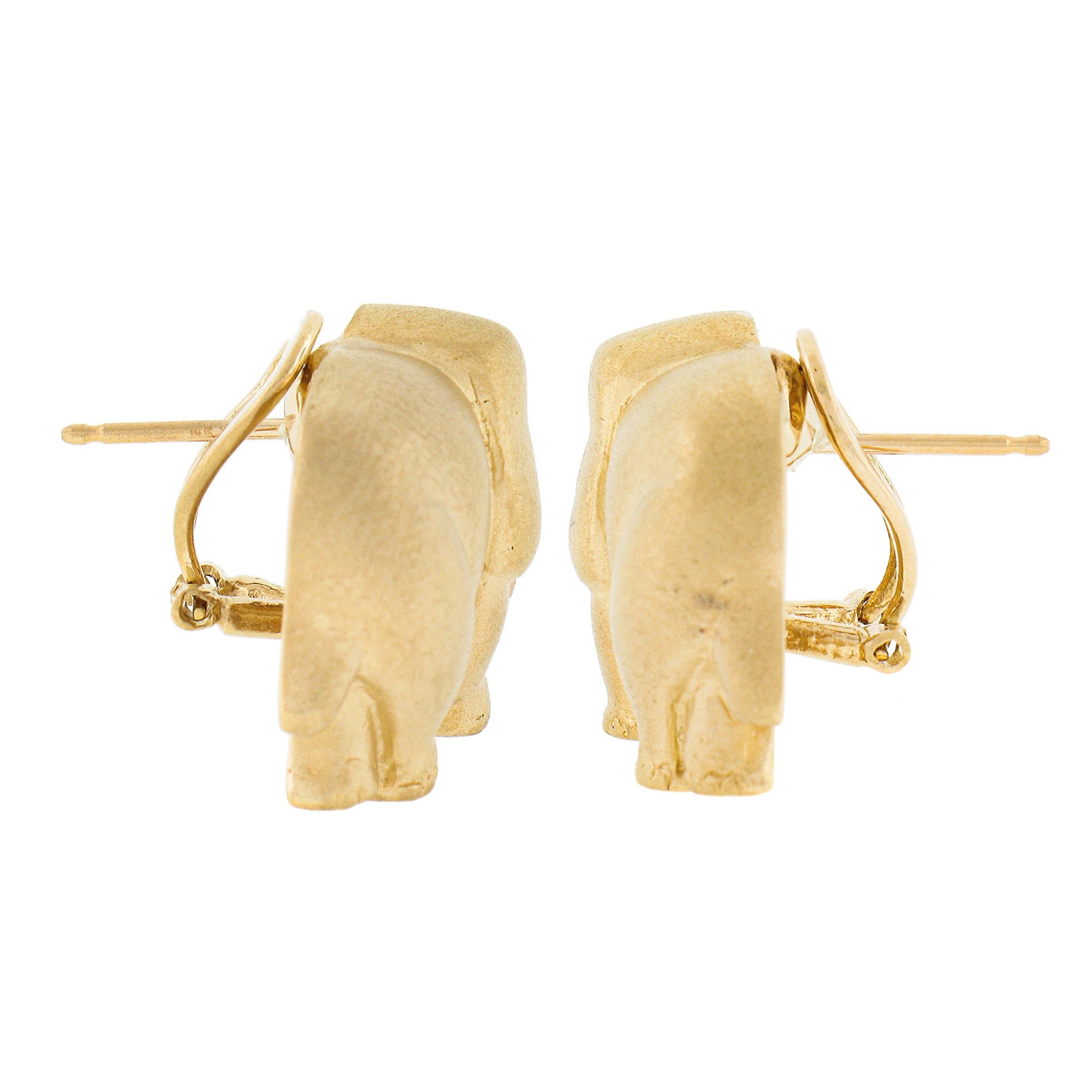 18k Yellow Gold Textured Matte Finish 3D Elephant w/ Ruby Eyes Omega Earrings In Excellent Condition For Sale In Montclair, NJ