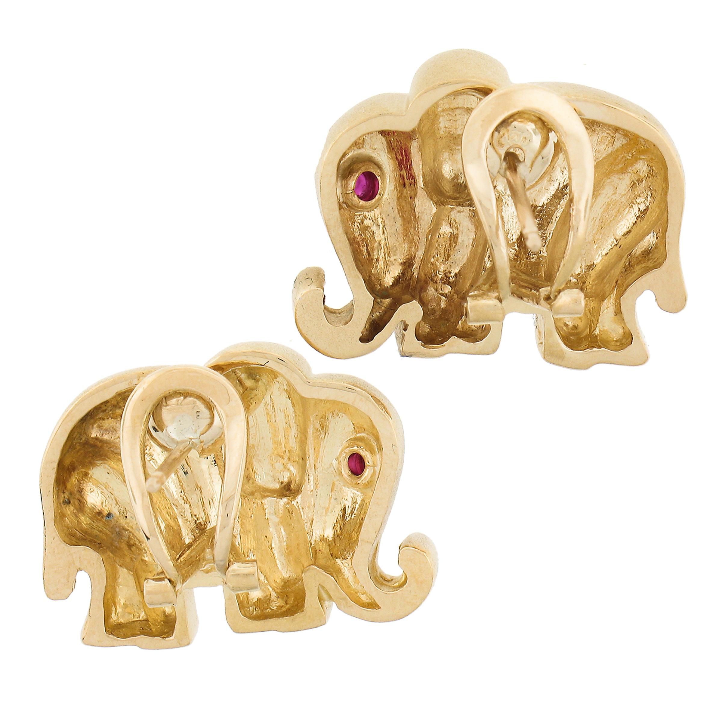 Women's 18k Yellow Gold Textured Matte Finish 3D Elephant w/ Ruby Eyes Omega Earrings For Sale