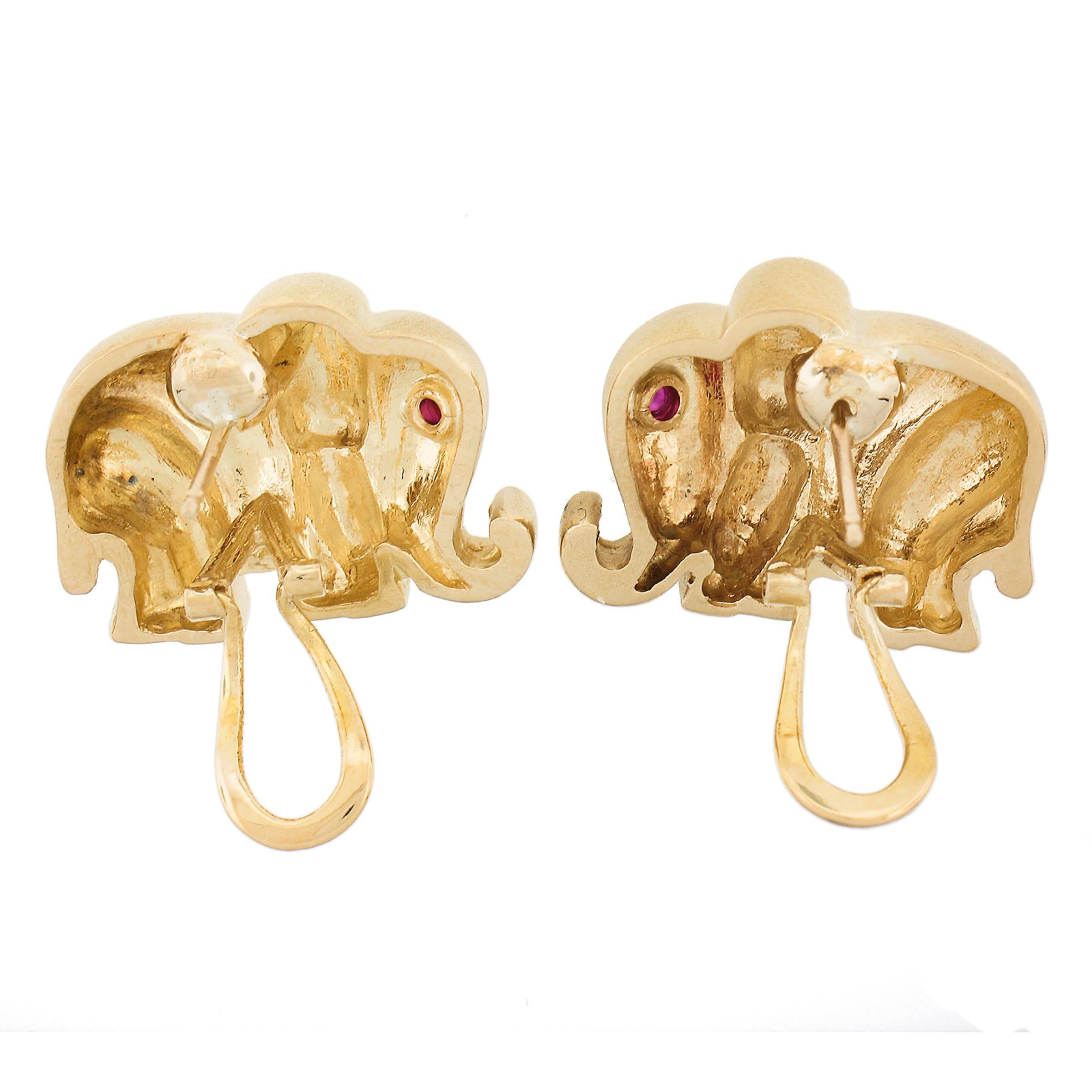 18k Yellow Gold Textured Matte Finish 3D Elephant w/ Ruby Eyes Omega Earrings For Sale 1