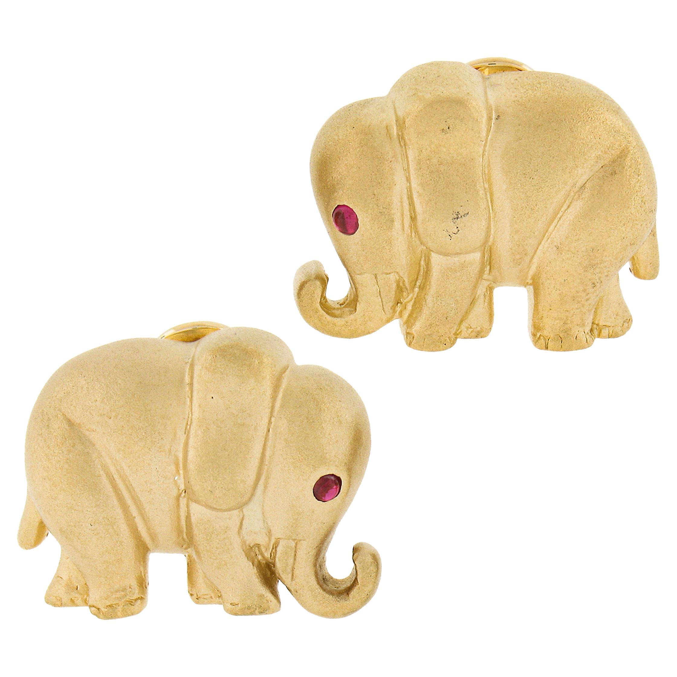 18k Yellow Gold Textured Matte Finish 3D Elephant w/ Ruby Eyes Omega Earrings For Sale