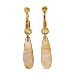 18k Yellow Gold Textured Swoop Hoops with Rutilated Quartz Jackets