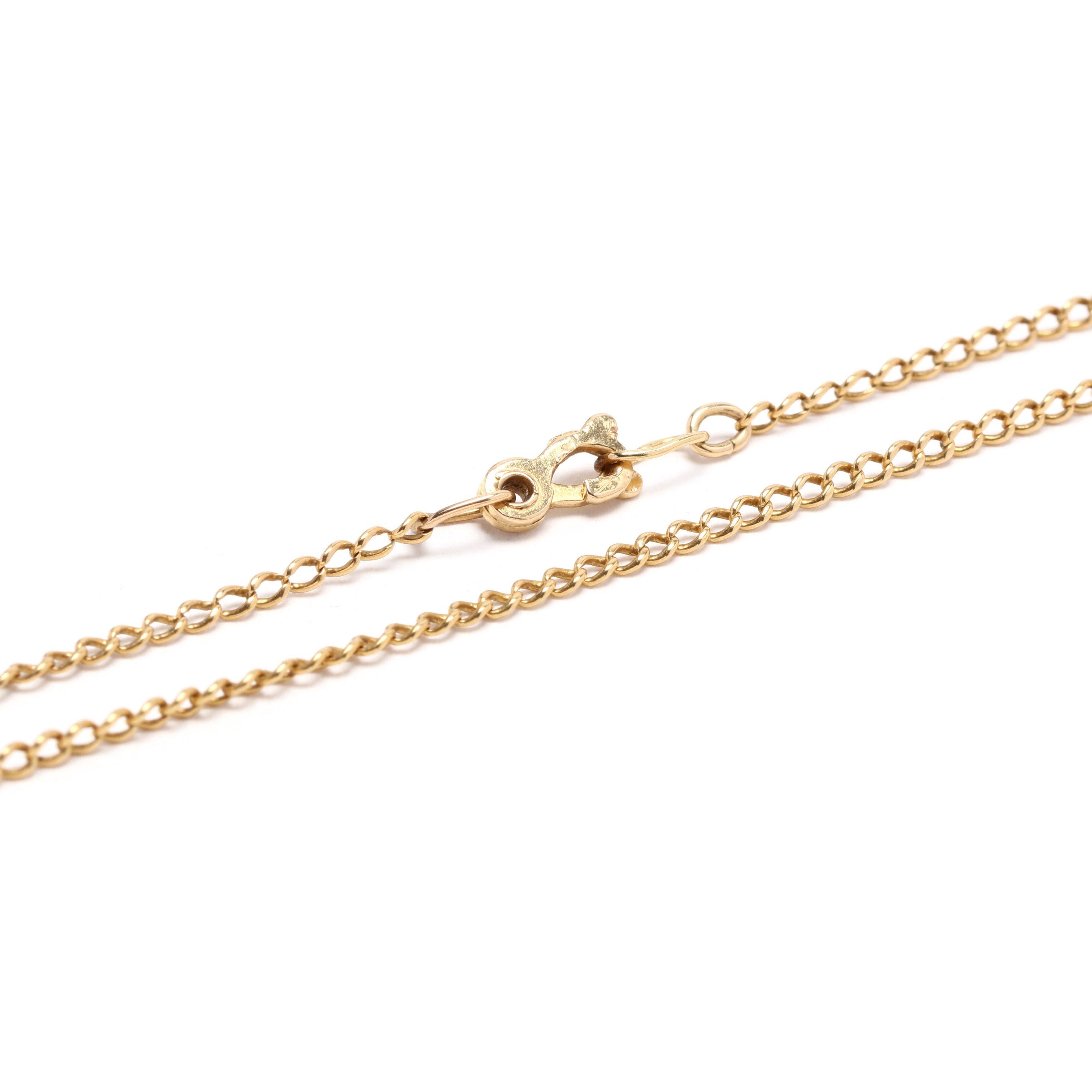 18k yellow gold thin curb chain. A delicate chain that could be worn on its own or with a pendant.

Length: 26 in.

Width: 1.5 mm

2.5 dwts.
