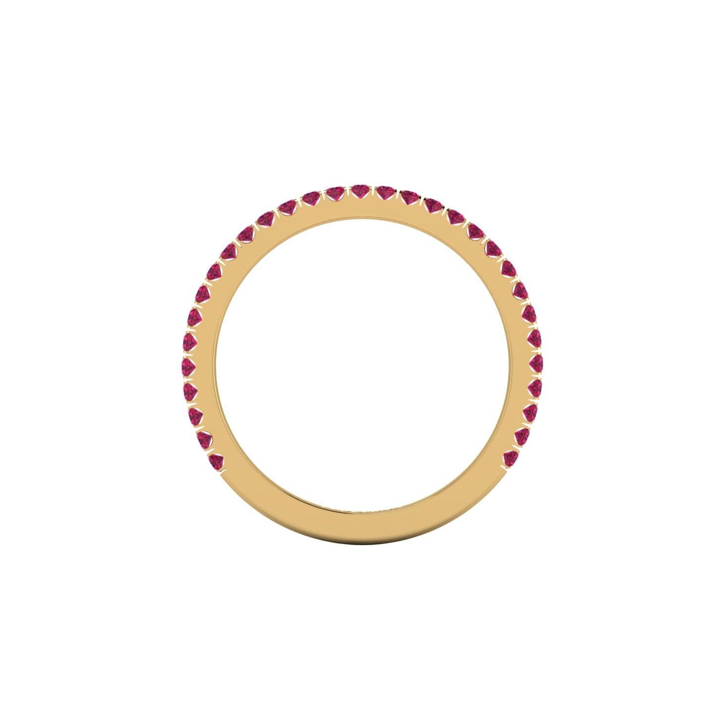 18K Yellow gold thin band ring, stackable rings, with approximately 0.30 carat of Rubies, hand set, comfortable fit, the band measure 1.5 mm width Wear single or multiple flat bands for different looks.
Custom orders available

Size 5  3/4