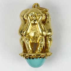 18K Yellow Gold Three Monkeys Turquoise Charm Pendant