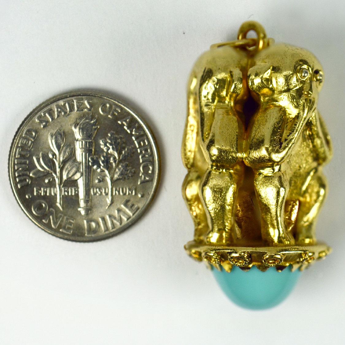Women's 18K Yellow Gold Three Monkeys Turquoise Charm Pendant