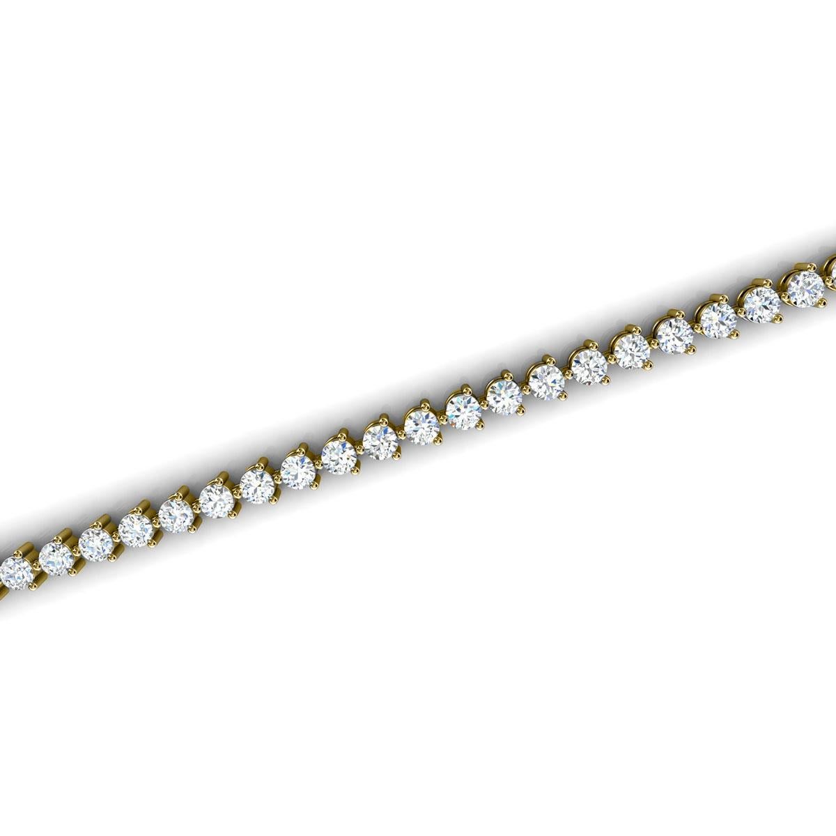 Round Cut 18 Karat Yellow Gold Three Prongs Diamond Tennis Bracelet '4 Carat' For Sale