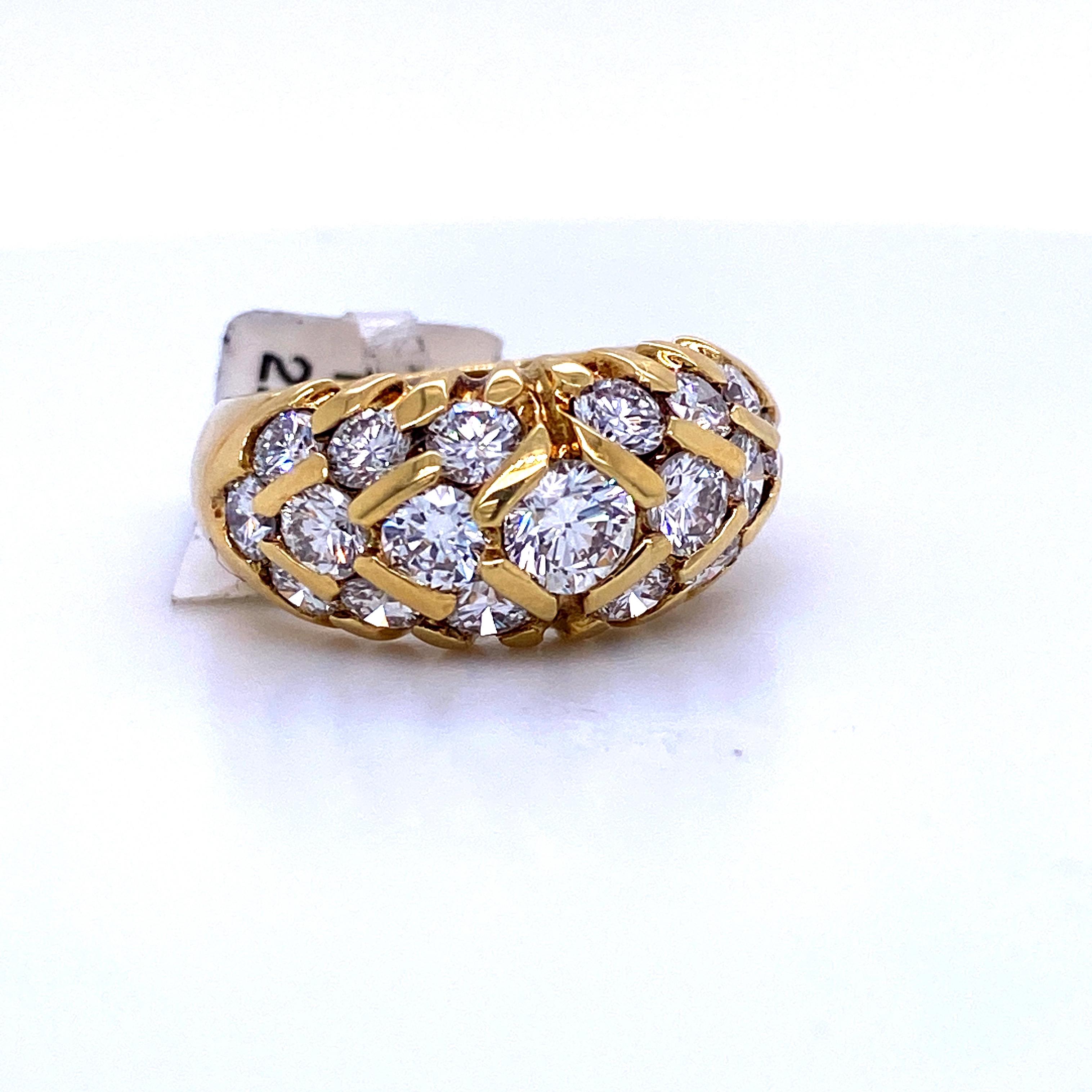 18K Yellow gold dome ring featuring 19 round brilliants weighing 2.09 carats. 
Average Stone: 0.11 PTS
Color G
Clarity SI

Size 6.25
Sizeable free of charge. 