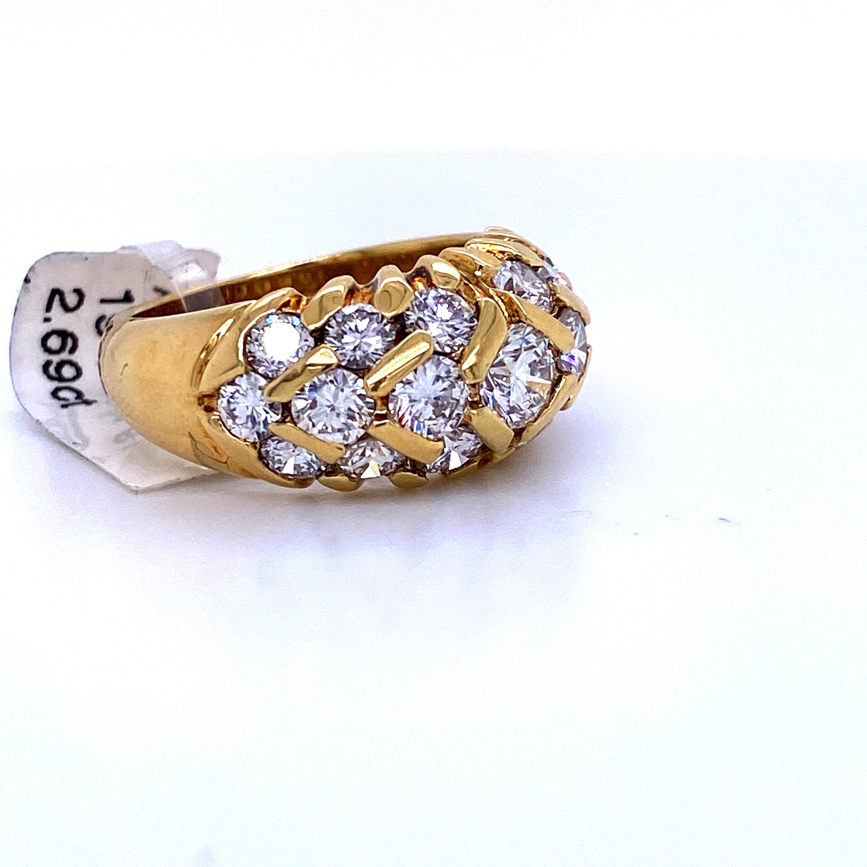 Contemporary 18 Karat Yellow Gold Three-Row Diamond Dome Ring 2.09 Carat For Sale