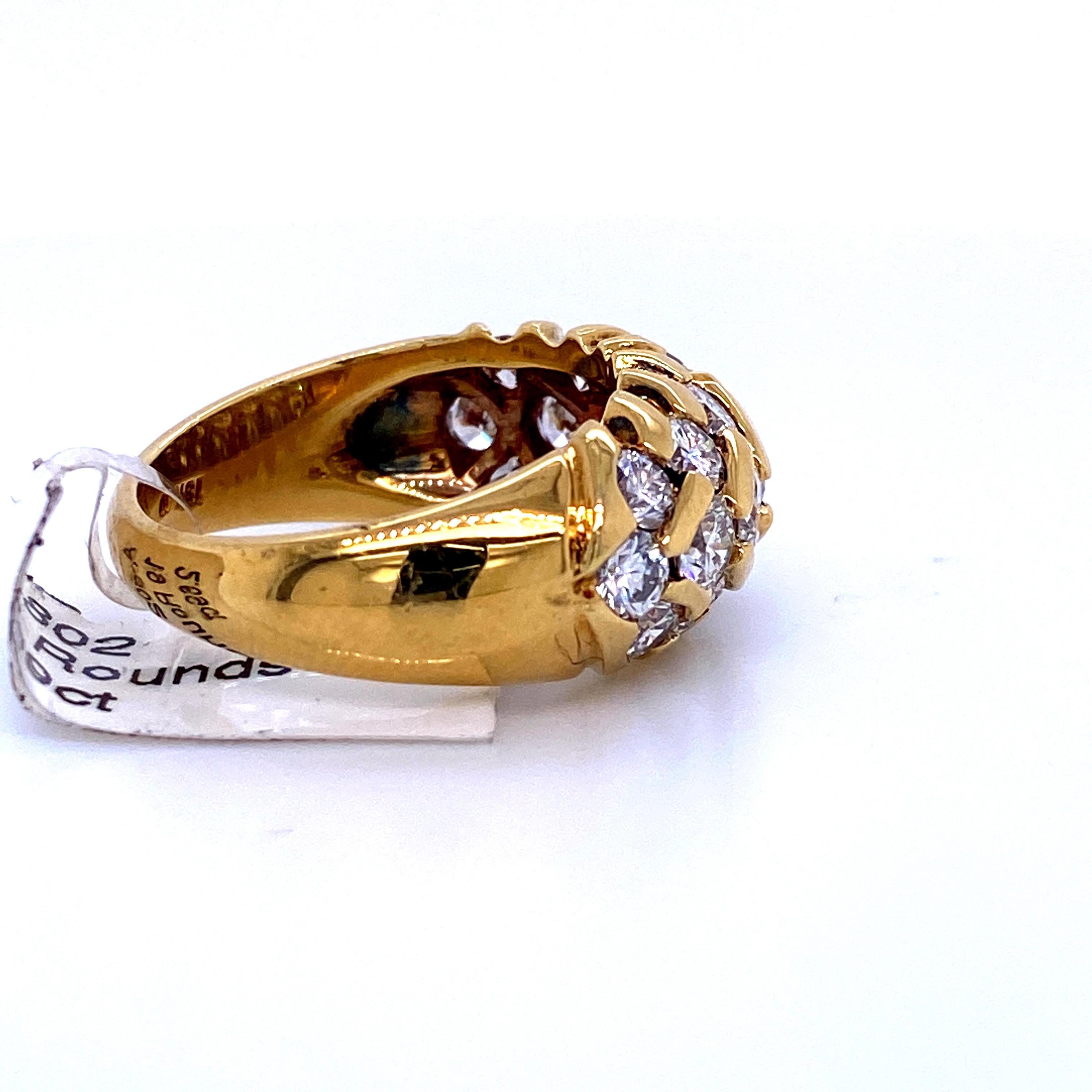 18 Karat Yellow Gold Three-Row Diamond Dome Ring 2.09 Carat In Excellent Condition For Sale In New York, NY