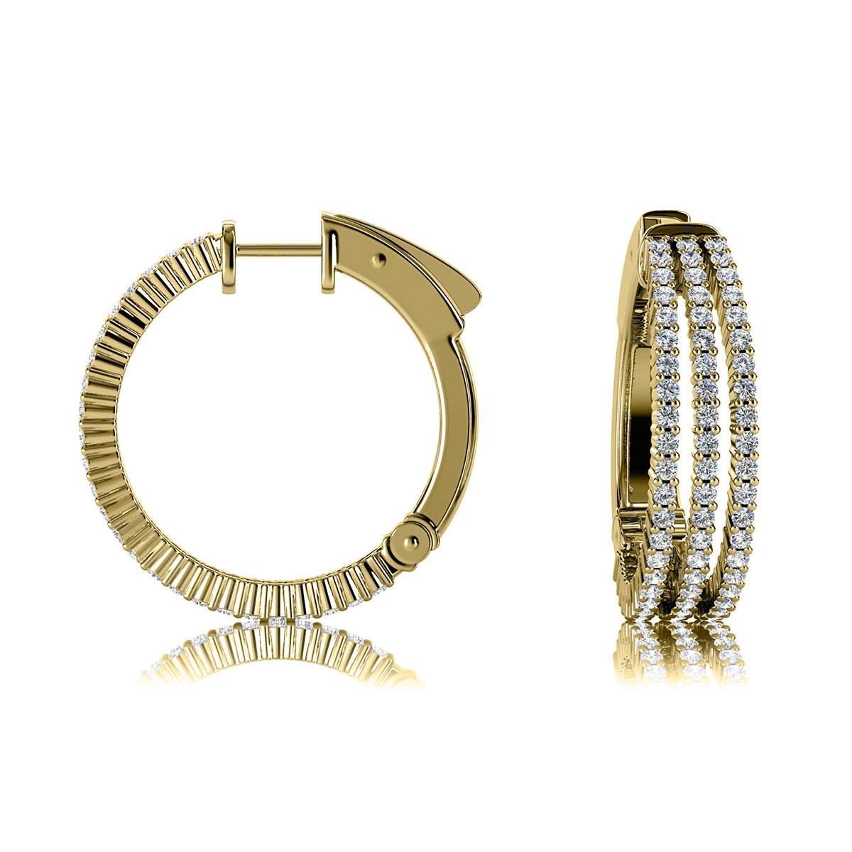 This triple row hoop earring features round brilliant diamonds micro-prong set for making an eye-catching impression. It's 1 inch in diameter. Experience the difference!

Product details: 

Center Gemstone Color: WHITE
Side Gemstone Type: NATURAL