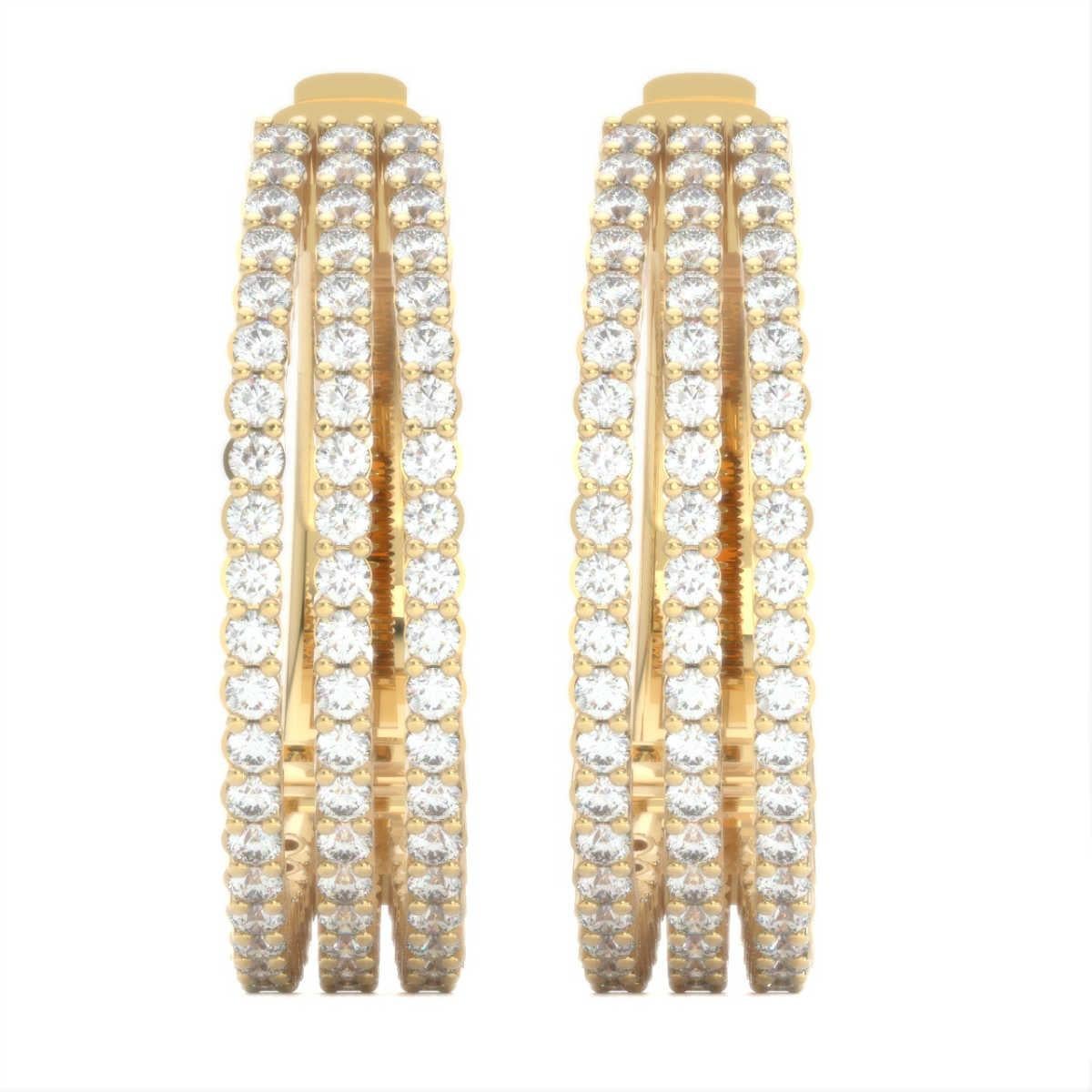 Round Cut 18 Karat Yellow Gold Three-Row Hoop Diamond Earrings '1 1/2 Carat' For Sale