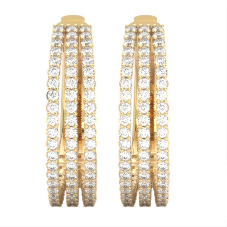 18 Karat Yellow Gold Three-Row Hoop Diamond Earrings '1 1/2 Carat' For ...