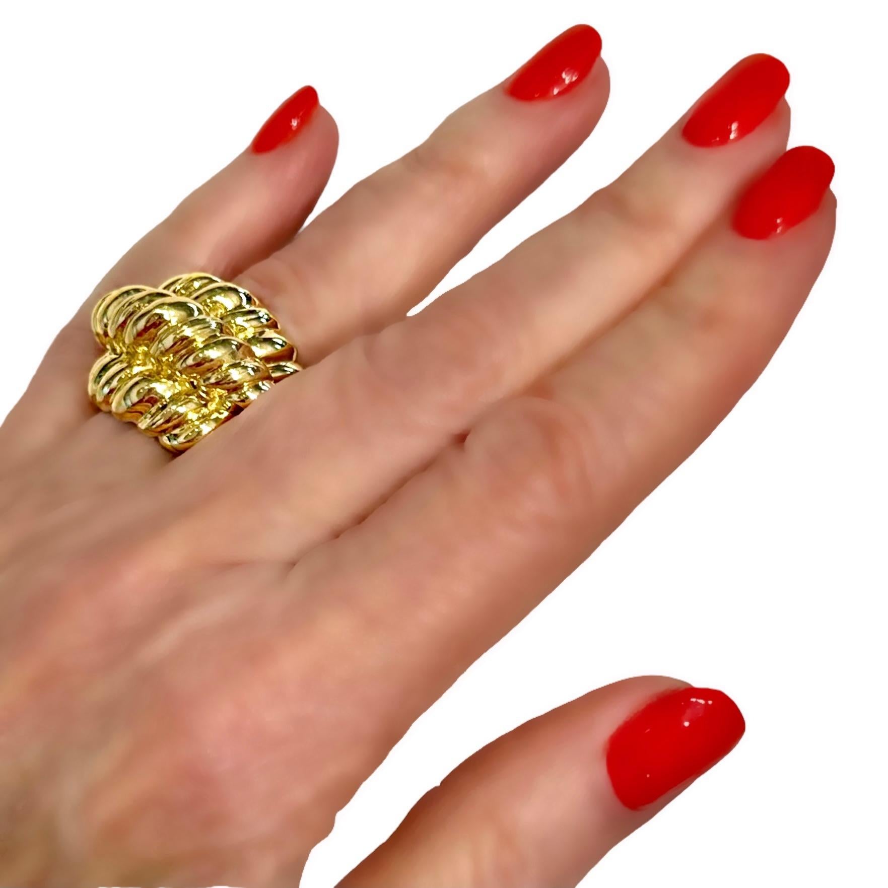 18k Yellow Gold Three-Row Twisted Rope, Mid Size Statement Ring For Sale 7