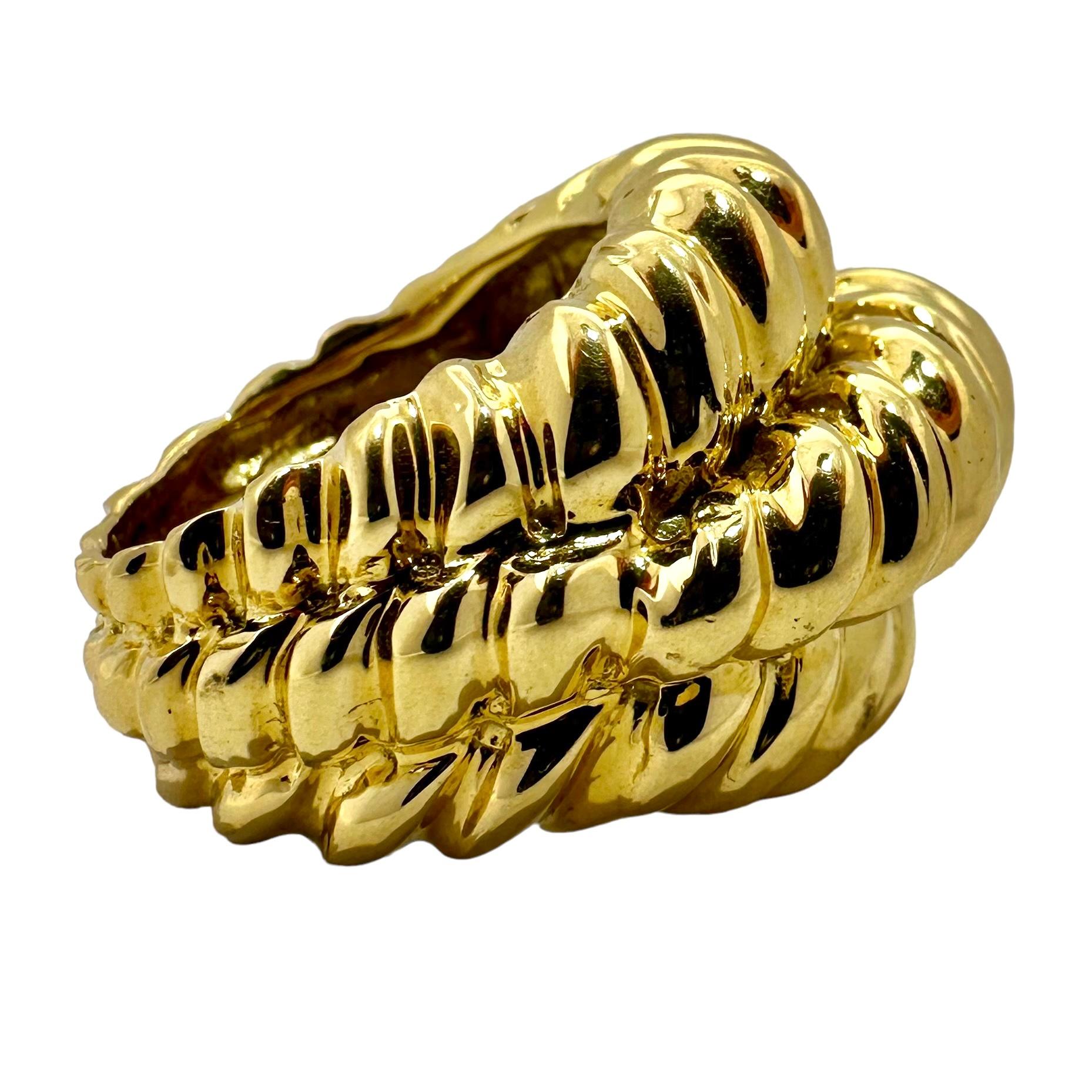 18k Yellow Gold Three-Row Twisted Rope, Mid Size Statement Ring For Sale 1