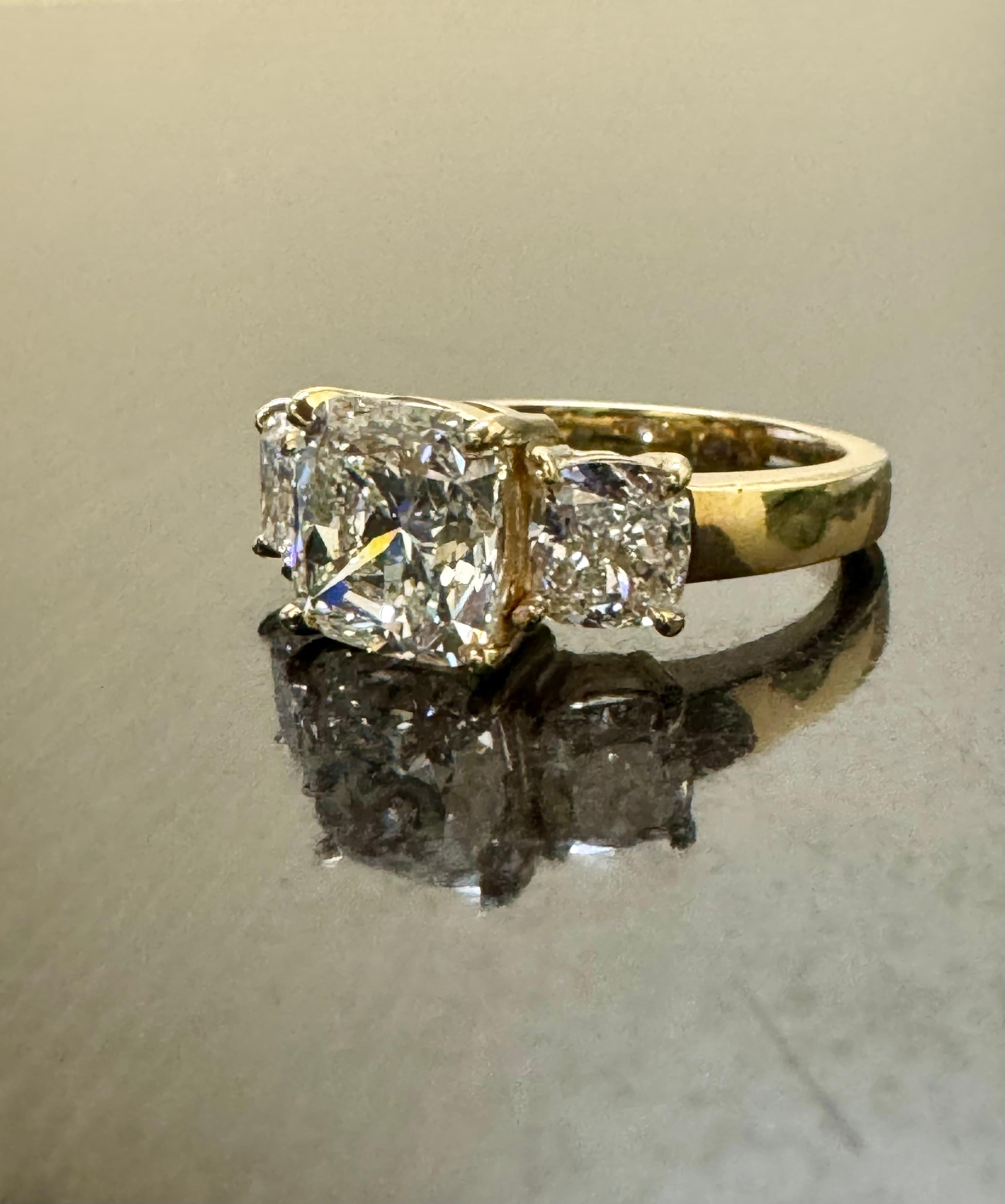 18K Yellow Gold Three Stone  4.84 Carat GIA Cushion Cut Diamond Engagement Ring For Sale 6